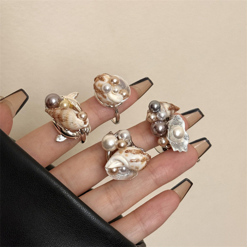 海洋风手工镶珍珠金箔贝壳叠戴指环戒女 ins百搭沙滩海螺开口戒指,饰品/流行首饰/时尚饰品新,戒指/指环,淘宝优惠券,粉丝福利购,淘宝优惠卷