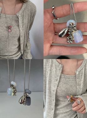 小众高级感天然石葡萄串项链水滴吊坠可调节叠戴长款毛衣链颈链