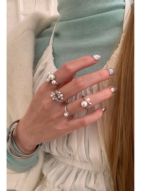 韩版高亮珍珠素圈开口叠戴指环戒 ins轻奢百搭手工镶钻气质戒指女