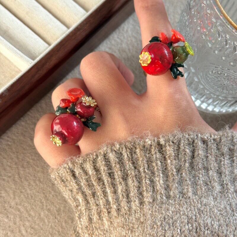 小众设计手工珐琅釉石榴柠檬橘子水果戒指复古高级感飞鸟吊坠指环