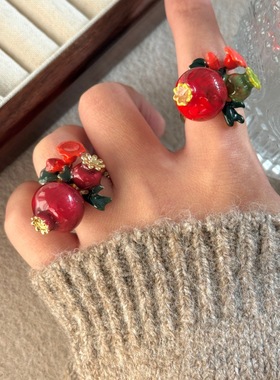 小众设计手工珐琅釉石榴柠檬橘子水果戒指复古高级感飞鸟吊坠指环