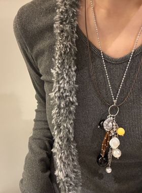 乌托邦系列金属海螺流苏长款小众设计黑猪珍珠毛衣链百搭双层项链