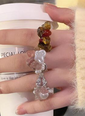 新中式手工串珠天然石开口叠戴戒指虎眼石复古气质开口指环