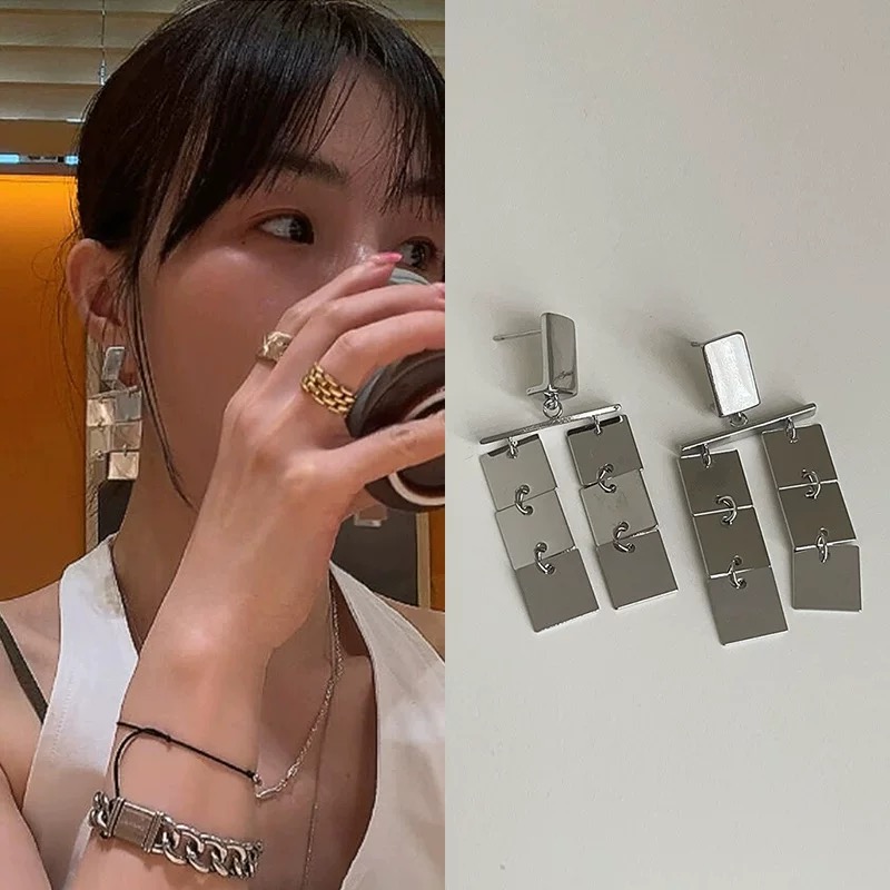 日韩向日葵欧尼同款银色亮片串串方块925银针耳环欧美时髦耳坠女