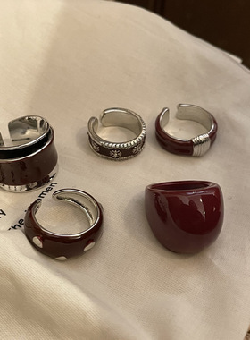 博主同款美拉德巧克力高级酒红色珐琅滴釉戒指开口小众叠戴食指环