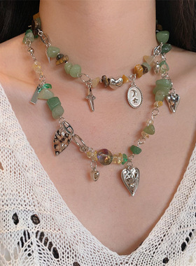 新中式高级感天然水晶石不规则绿色爱心项链拼接颈链设计感锁骨链