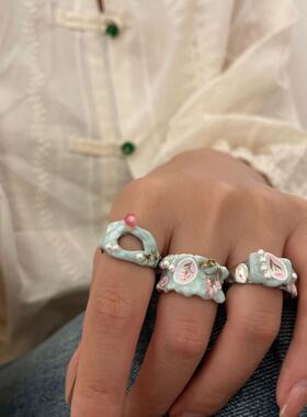 小香风奶油珐琅滴油开口戒指