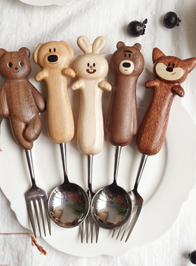 山舍丨可爱动物餐勺卡通饭勺甜品勺家用成人孩子实木不锈钢