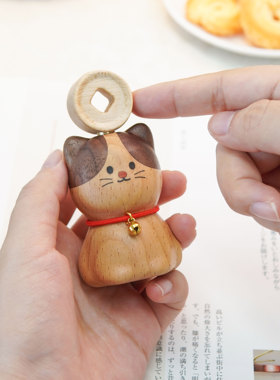 山舍｜招财进宝金币猫猫摆件实木可爱旋转车桌面载装饰礼物