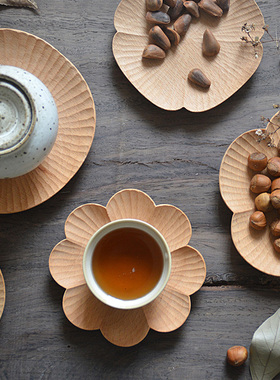 山舍 | 原创手工整木质花碟零食小碟创意杯垫摆拍日式黑胡桃茶托