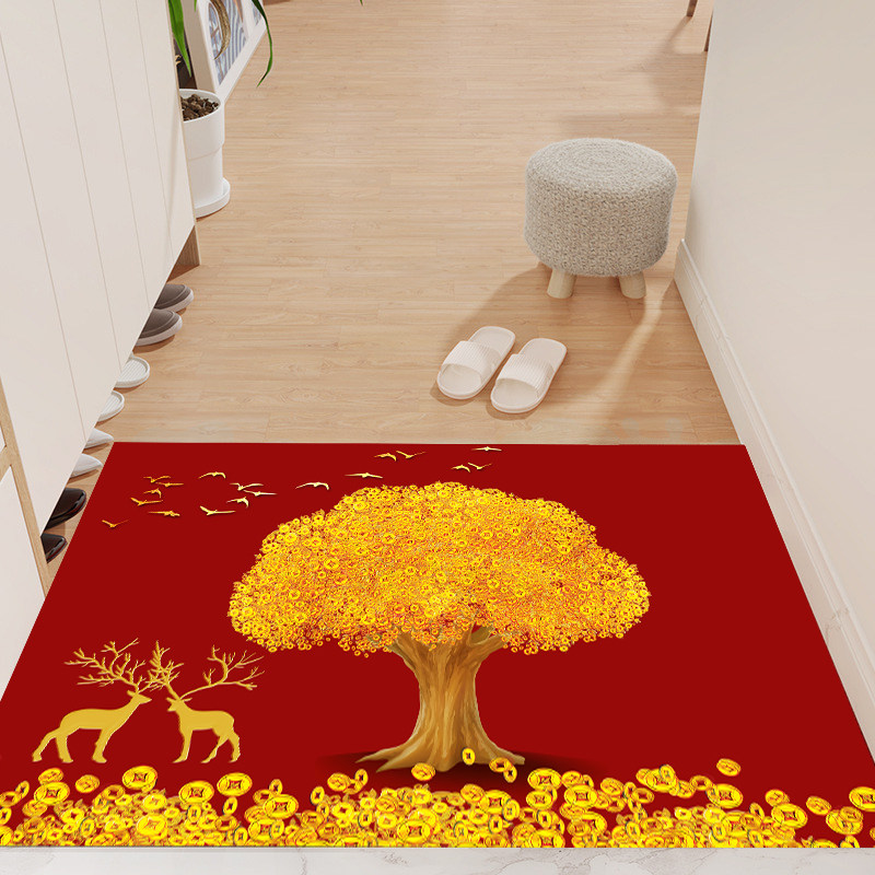 红色喜庆地垫金黄发财树入户门家用地毯现代中式进门厅脚垫可裁剪