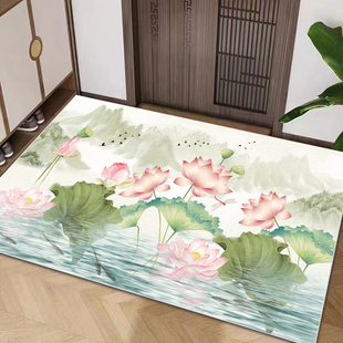 横版 新中式 家用莲花地垫荷花图案脚垫禅意入户门玄关地毯绿色防滑