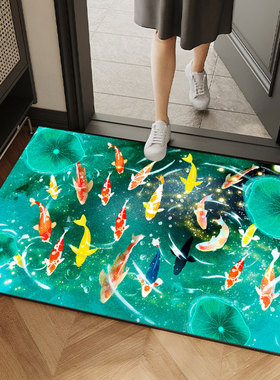 地垫入户门高级感绿色横版进门九鱼家用脚垫蓝色门厅开运鲤鱼图案