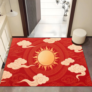 中式红底黄色太阳祥云入户门地垫玄关门口金色日头地毯进门脚垫子