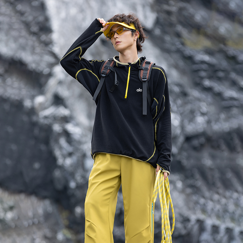 半拉链长袖宽松连帽运动抓绒衣