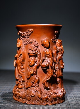 实木雕刻天然黄杨木整料雕件八仙过海笔筒书房用品办公摆件10cm