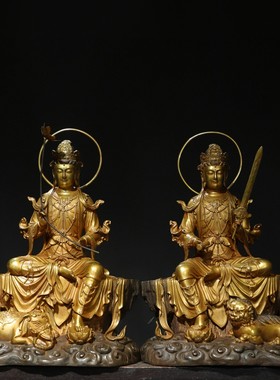 黄铜鎏金文殊普贤菩萨坐狮象持宝剑菩萨居家佛堂供奉摆件饰品46㎝