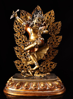 藏传黄铜鎏金银彩绘描脸护法玛哈嘎拉佛像居家佛堂供奉大摆件38cm