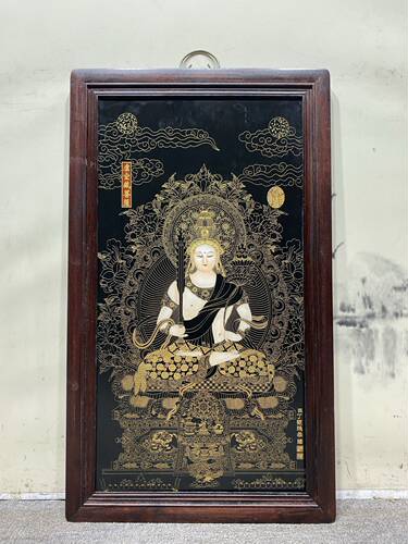 实木框镶嵌珐琅彩黑底鎏金虚空藏菩萨中堂瓷板画唐卡挂画屏风饰品