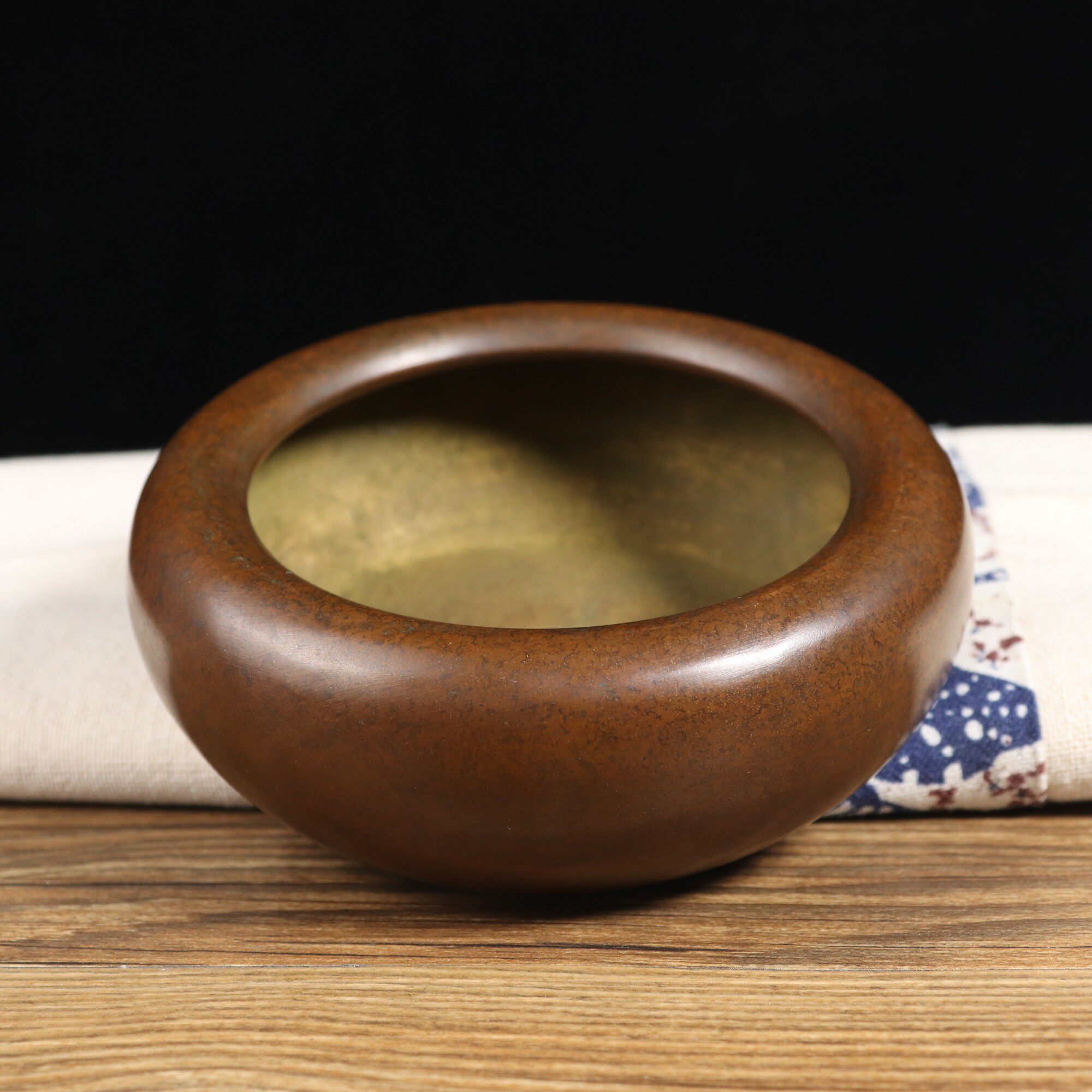 黄铜仿古素面钵式圈足线香炉笔洗摆件居家堂香案室内商铺用品18cm
