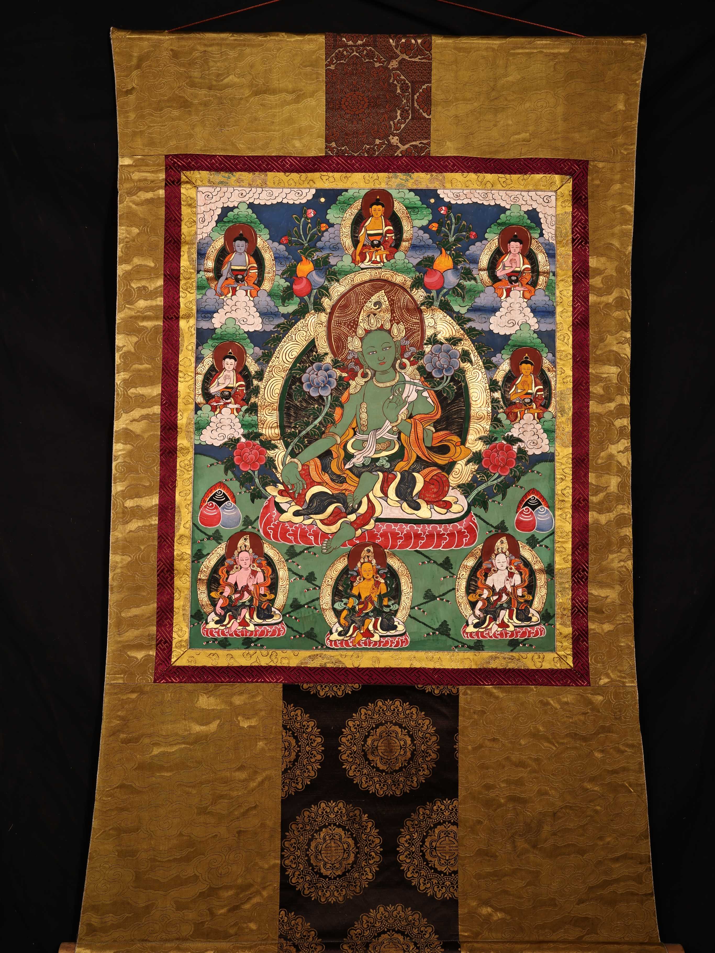 西藏手绘唐卡装裱挂画天然矿物手工彩绘绿度母像居家佛堂装挂饰品