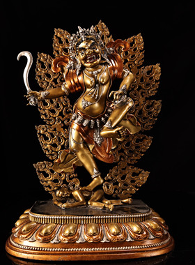 藏传黄铜鎏金银彩绘描脸护法玛哈嘎拉佛像居家佛堂供奉大摆件38cm