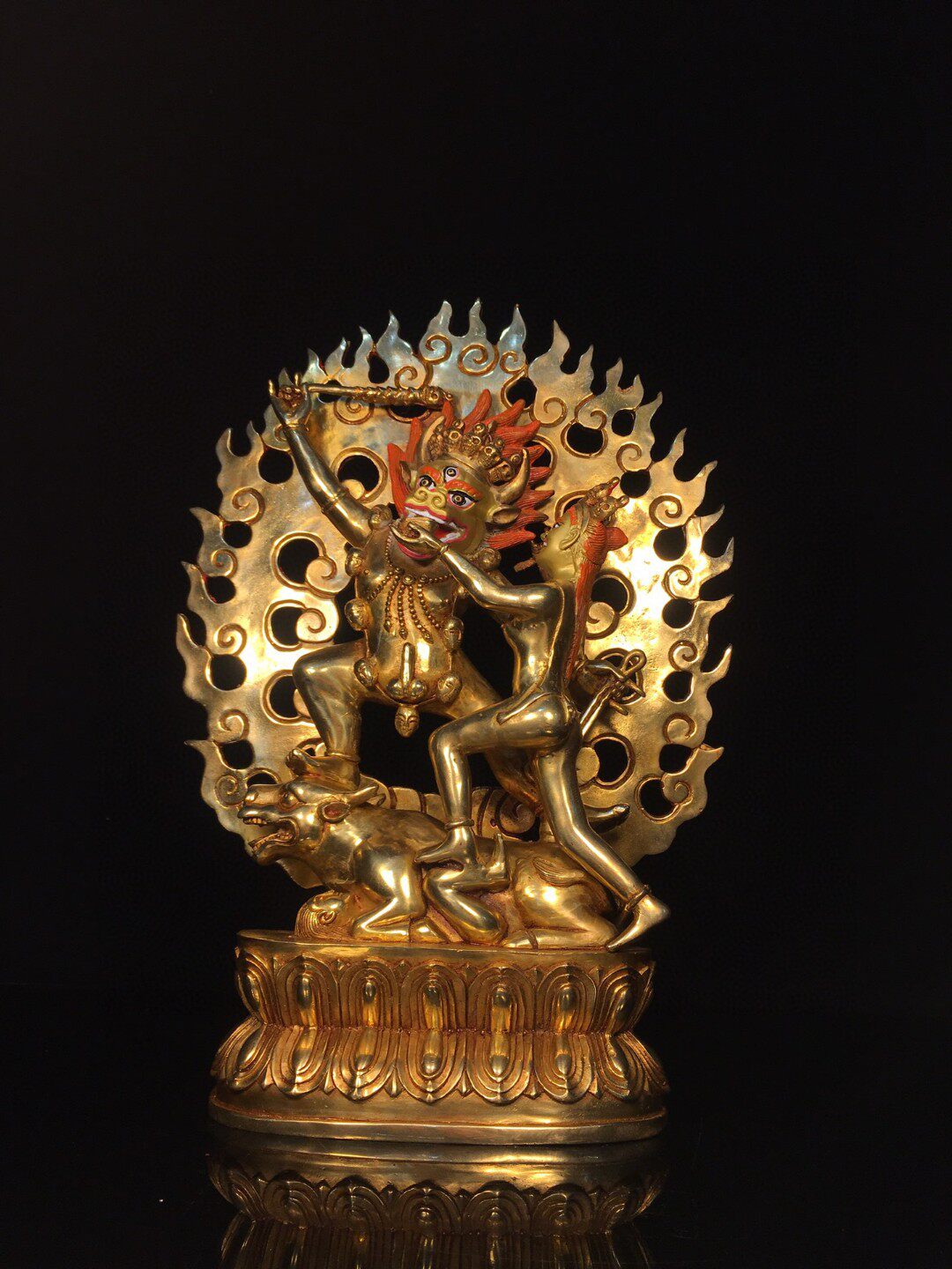 尼泊尔藏传黄铜鎏金描脸背光彩绘降阎魔尊金刚摆件居家堂用品35cm