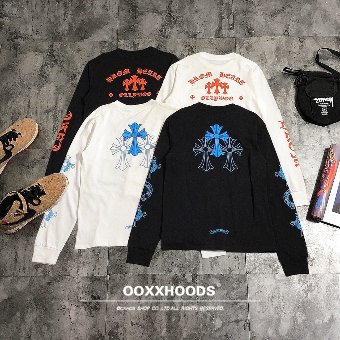 ins蓝橘色十字架印花臂棉长袖T恤