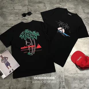 T恤衫 沙滩日落椰树boyfriend女男友风宽松身掉肩美式 街头休闲个性