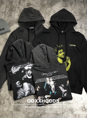 欧美几何宗教抽象人物卫衣做旧炒雪花宽松os身落肩袖bf箭头连帽衫