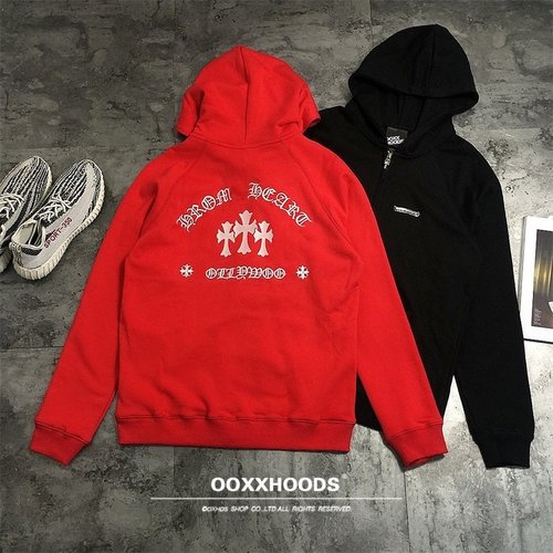 红色新年旺旺立体刺绣花十字架符文潮牌薄款连帽衫定制五金棉卫衣