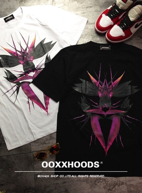 欧美抽象百搭潮流行青春紫色荆棘天堂鸟印花纯棉短袖T恤BF宽松OS