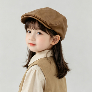 儿童皮质帽子春秋宝宝前进帽男童贝雷帽女童鸭舌帽英伦复古画家帽