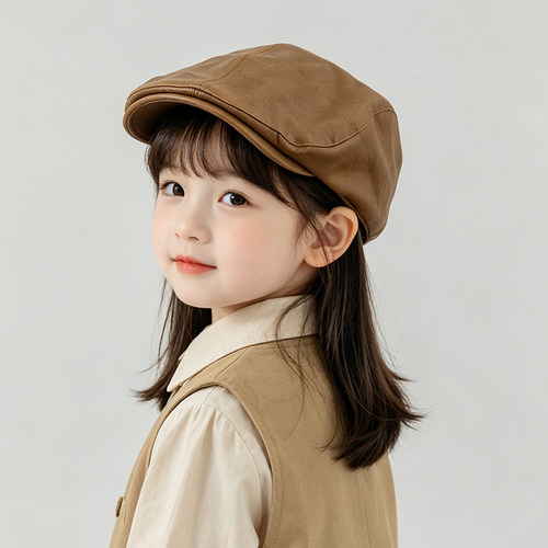 儿童皮质帽子春秋宝宝前进帽男童贝雷帽女童鸭舌帽英伦复古画家帽