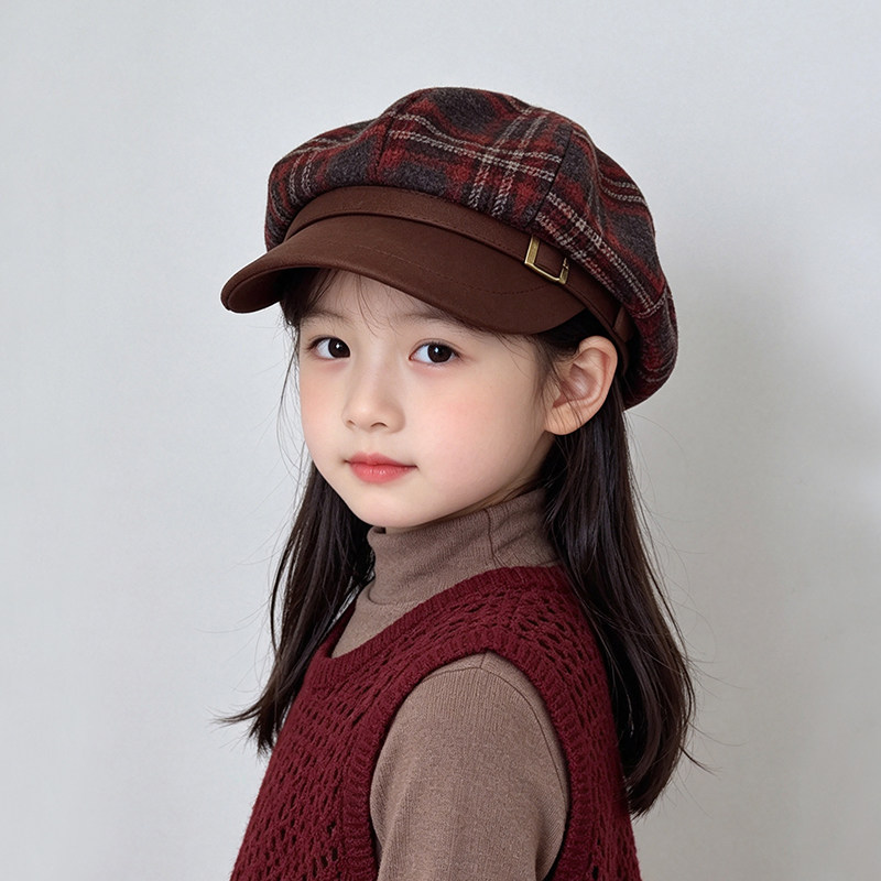 儿童帽子秋冬贝雷帽女童鸭舌帽冬季英伦八角帽男童宝宝格子画家帽