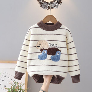 全棉儿童针织衫毛衣2025秋冬新款男宝宝条纹卡通加绒保暖中小童打
