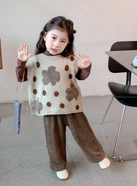 全棉女童针织马甲背心2026春秋新款儿童洋气套装宝宝秋装无袖坎肩