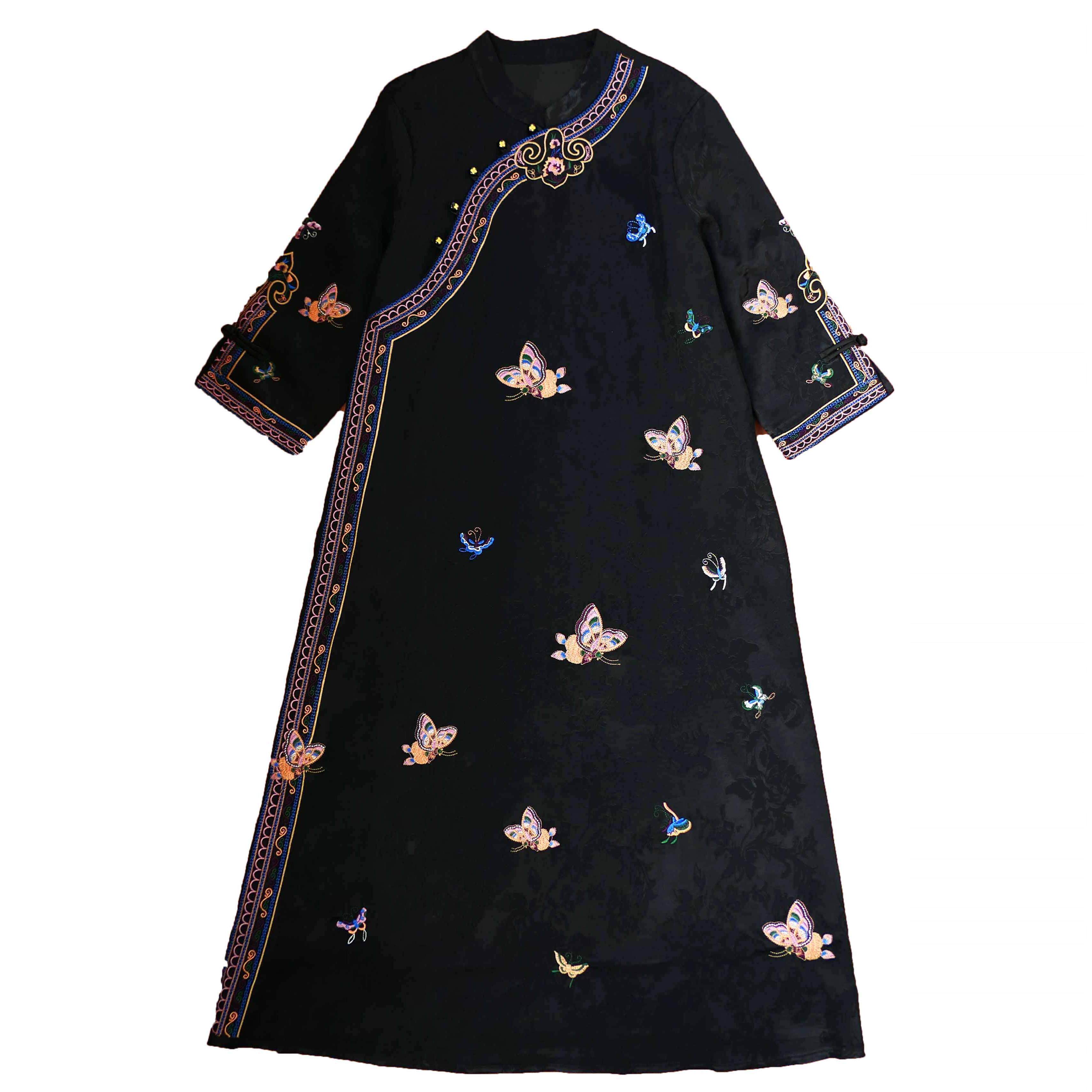 连衣裙大码长款醋酸缎口袋民族风提花中式复古茶服女重工刺绣气质