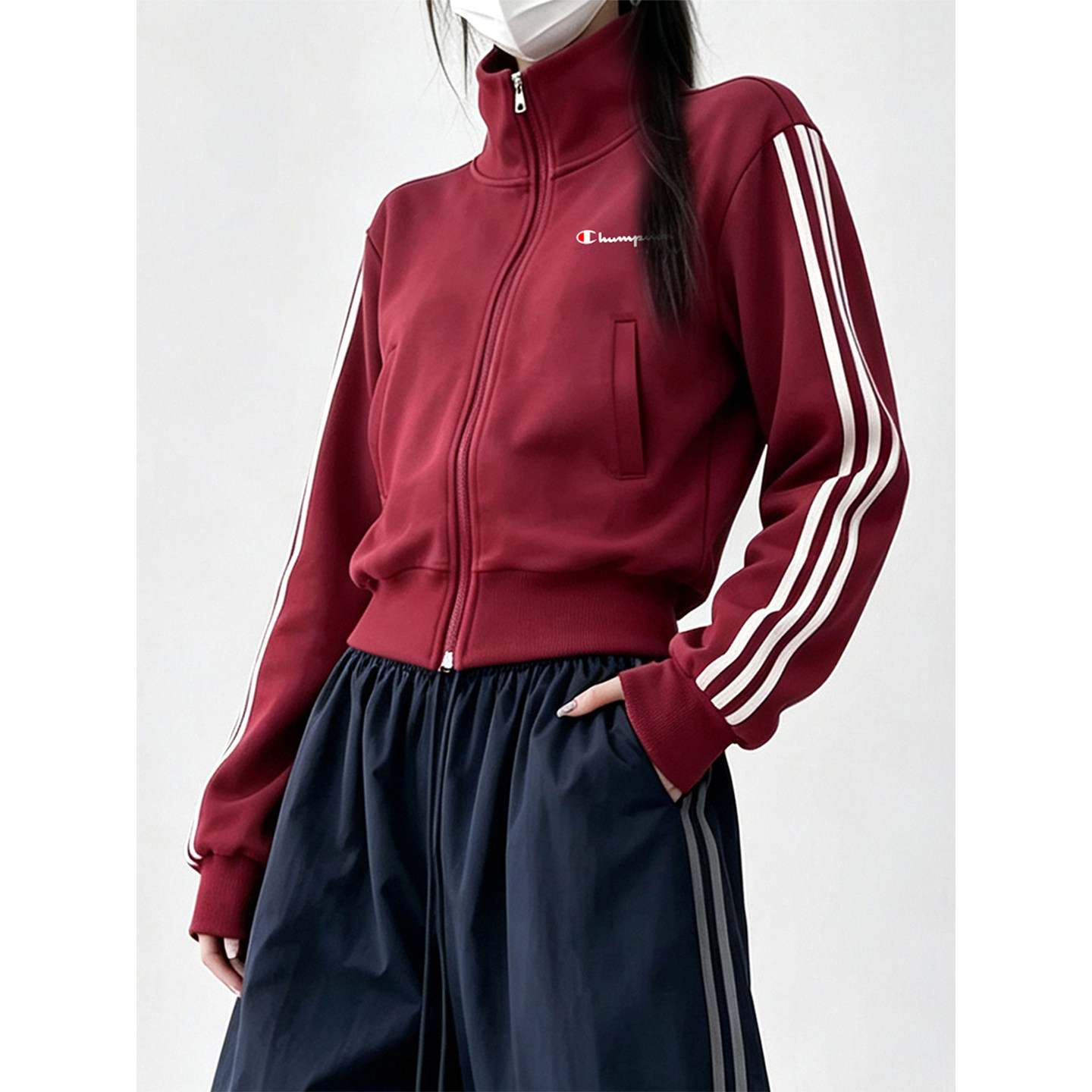 季冠军韩式立领拉链开衫卫衣外套女秋冬装三条杠小个子短款棉上衣