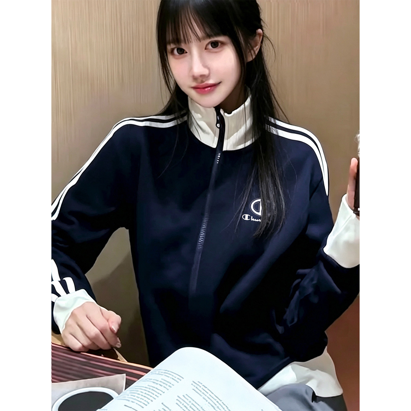 季冠军运动立领拉链开衫卫衣女2026秋冬三条杠条纹外套学院棒球服