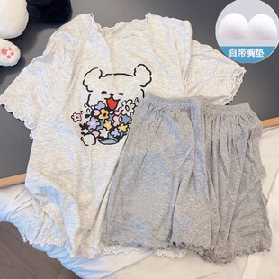 纯棉睡衣夏季女款2026新款带胸垫短袖夏天薄款可外穿家居服套装