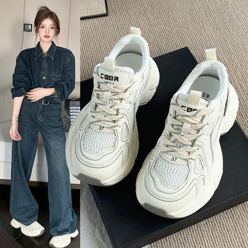 厚底老爹鞋女2025年春季新款网面增高运动休闲鞋白色百搭小白女鞋