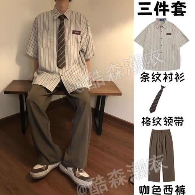 夏季日系復古條紋半袖襯衫男女情侶套裝寬松短袖襯衣寸襯開衫上衣