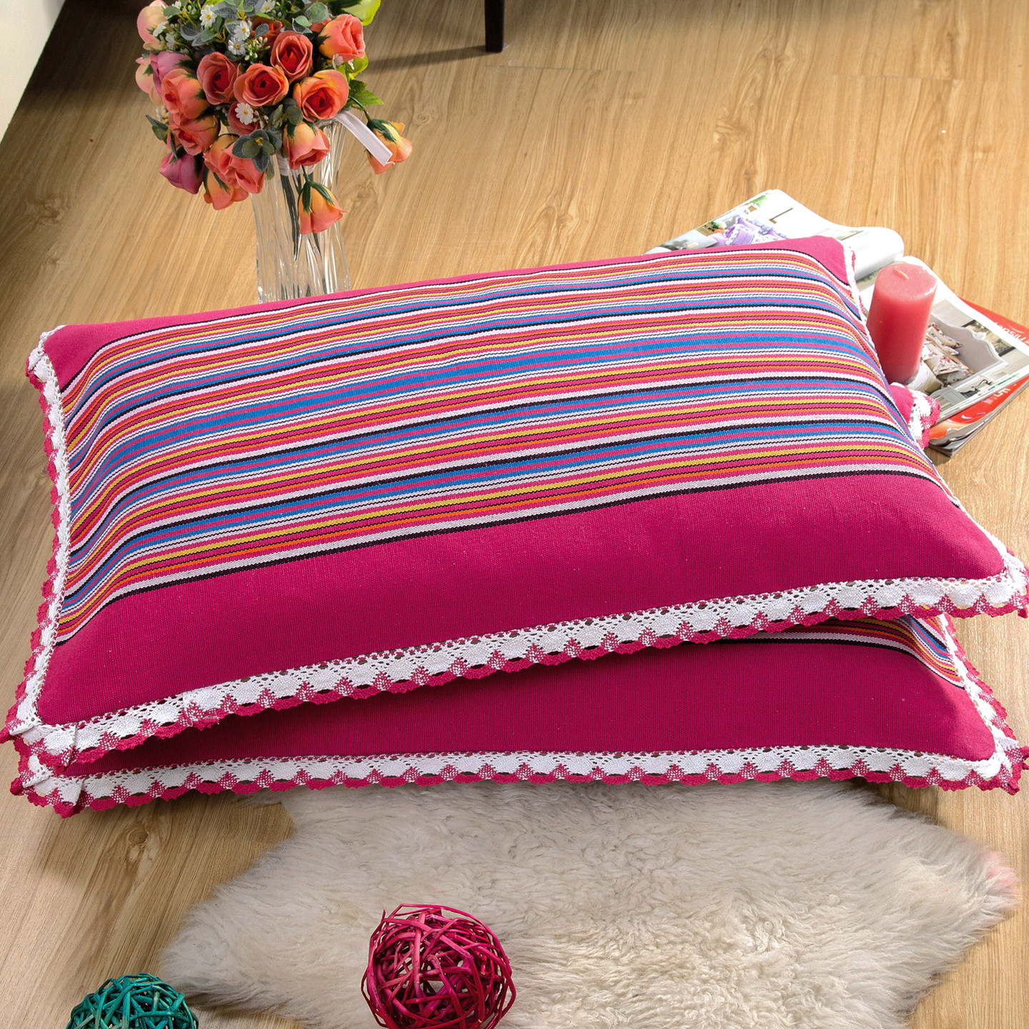 花边枕套一对装纯棉加厚老粗布大号枕头套四季单人信封式透气吸汗