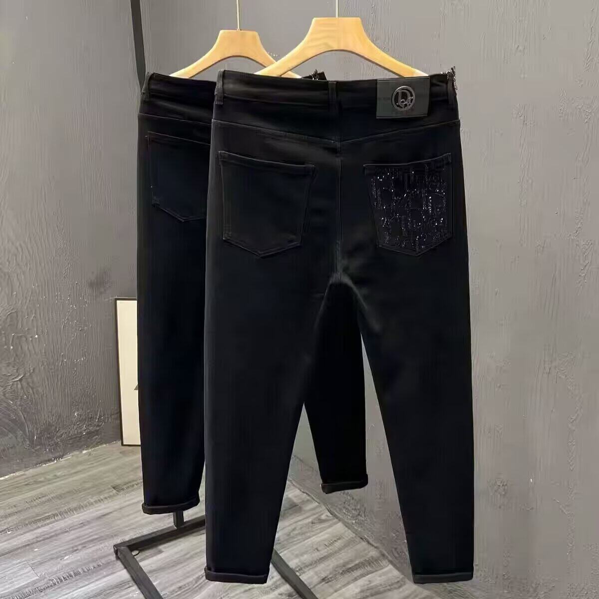 高端黑色刺绣牛仔裤男秋季潮牌设计感修身显瘦小脚裤百搭欧货裤子