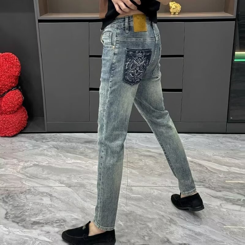 潮牌高端复古牛仔裤男春夏季修身小脚裤美式高街休闲弹力长裤子