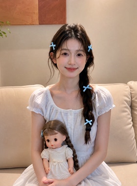 甜美少女迷你蓝色蝴蝶结发夹发饰