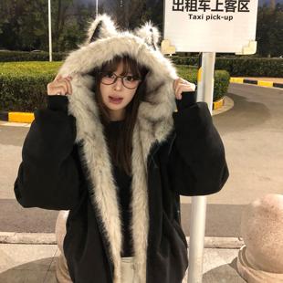 黑色猫耳朵毛领棉服加厚外套女2025冬装 超好看复古座山雕棉衣 新款