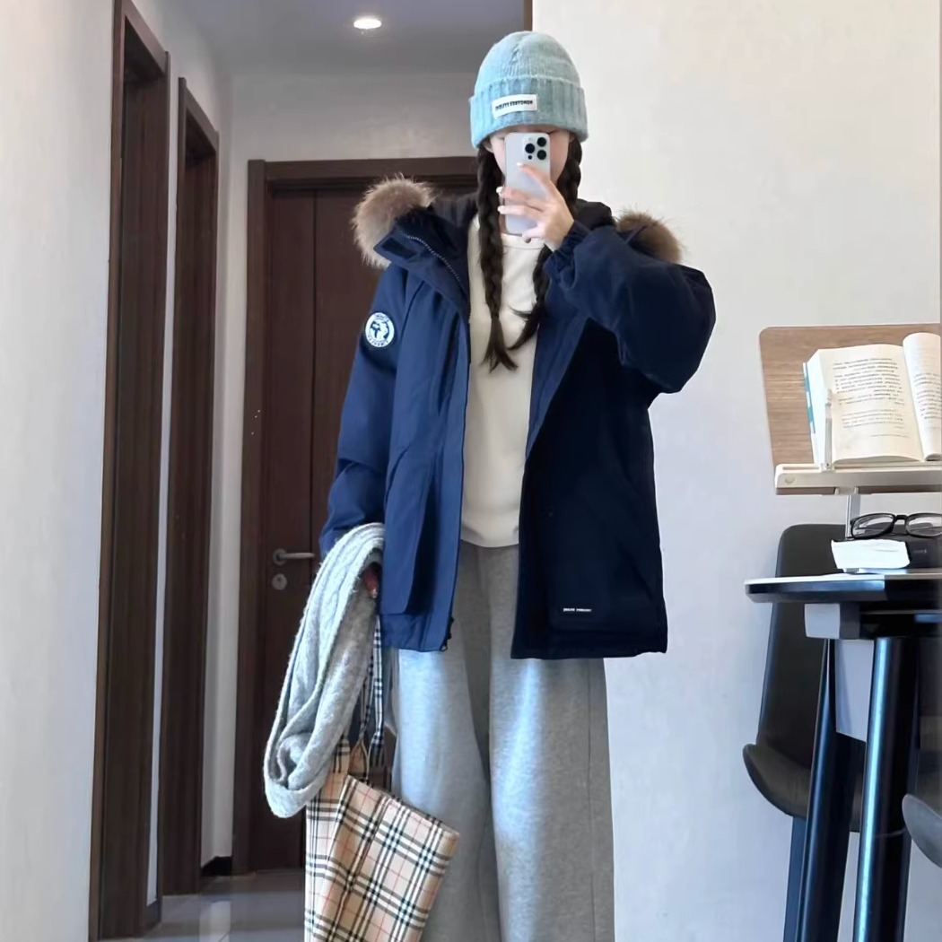 2025冬季新款派克服藏青棉服女大毛领短款棉衣小个子加厚棉袄外套
