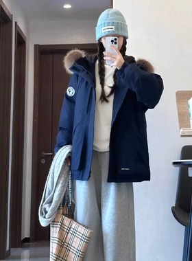 2025冬季新款派克服藏青棉服女大毛领短款棉衣小个子加厚棉袄外套